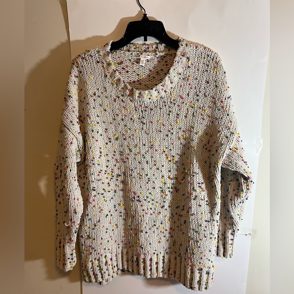 Women’s Seven7 cream sweater with mini colorful pompoms size M
